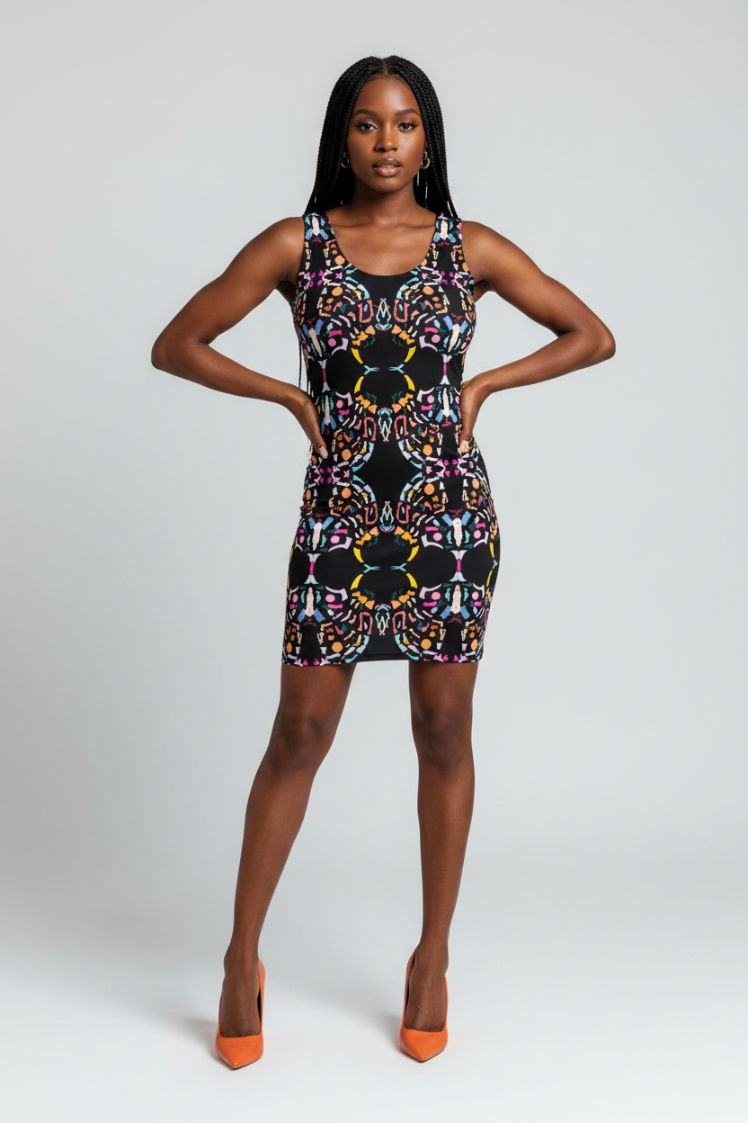 Woman wearing a patterned dress on a white background
