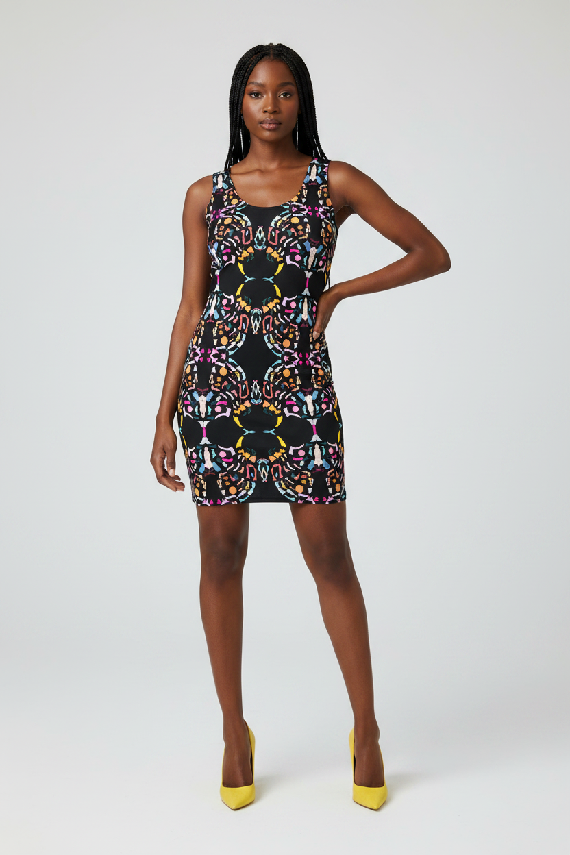 Woman wearing a patterned dress on a white background
