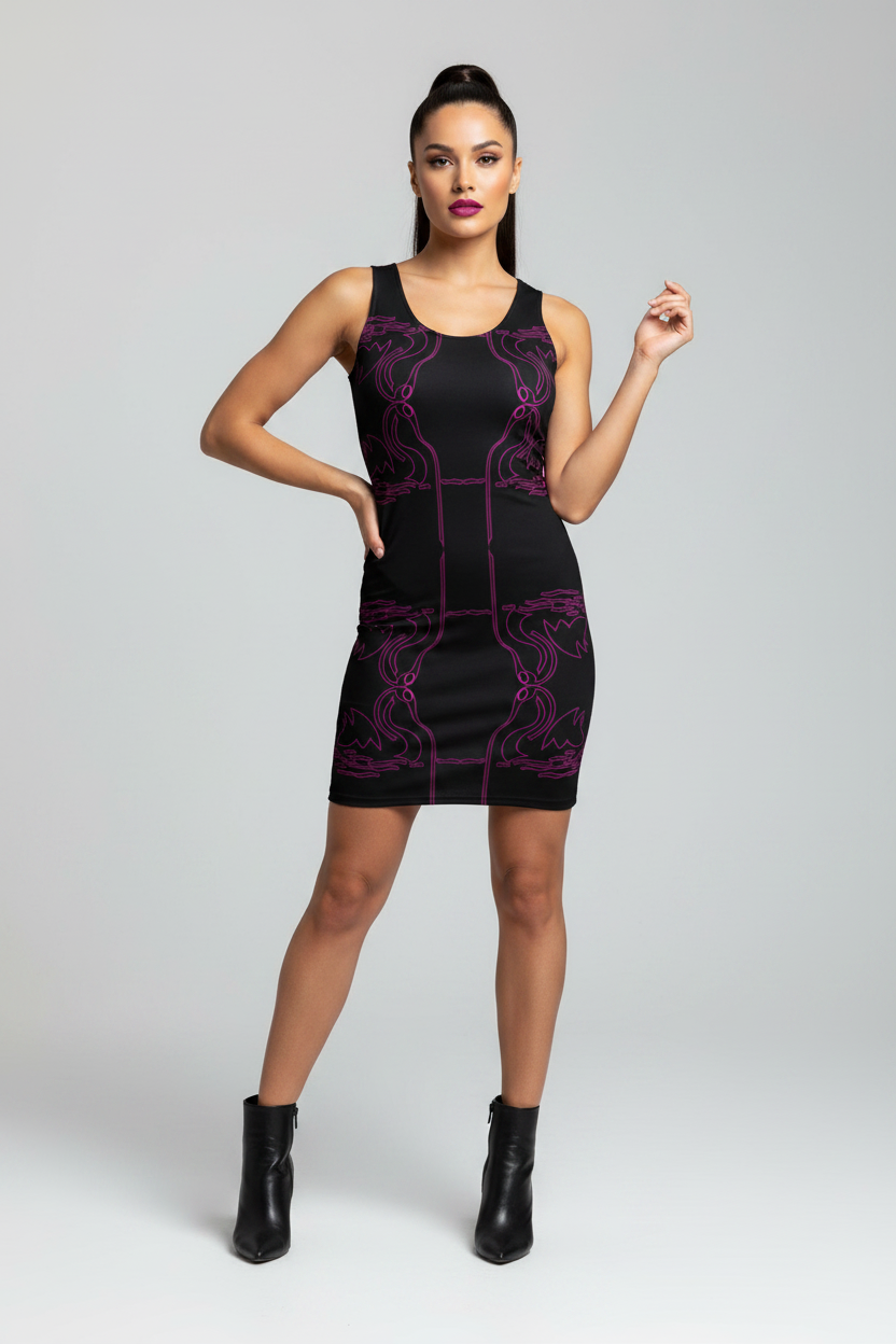 Woman wearing a black dress with purple patterns on a gray background