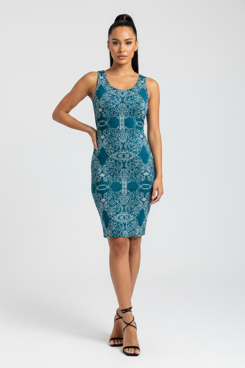 Woman wearing a teal patterned dress on a white background