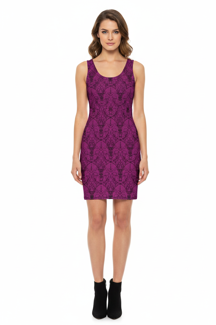 Woman wearing a purple patterned dress on a white background