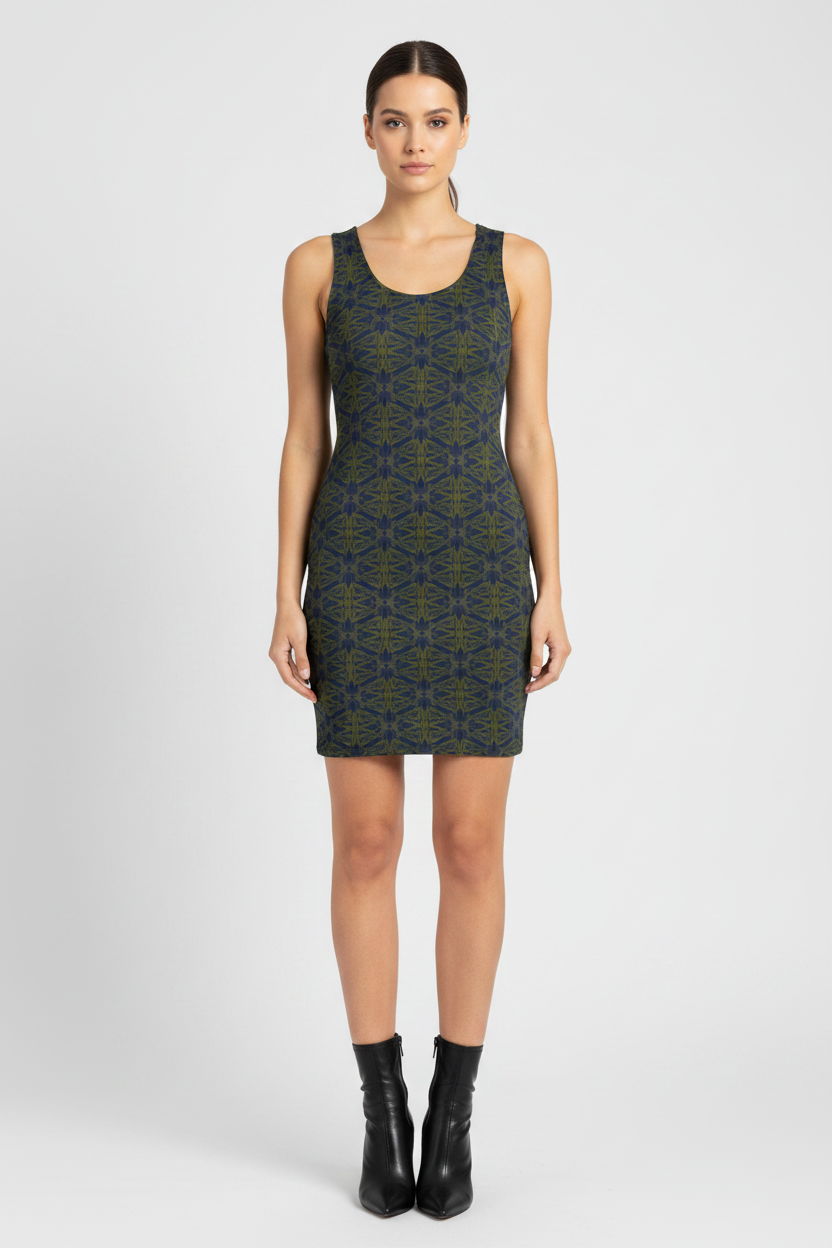 Woman wearing a patterned dress on a white background