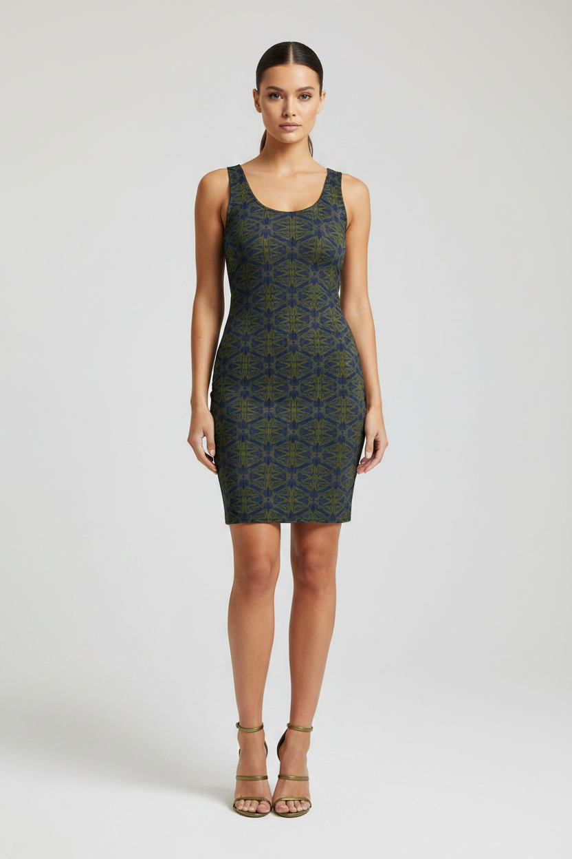 Woman wearing a patterned dress on a white background