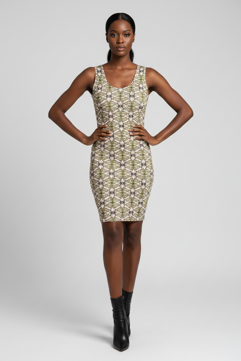 Woman wearing a patterned dress with black boots on a white background
