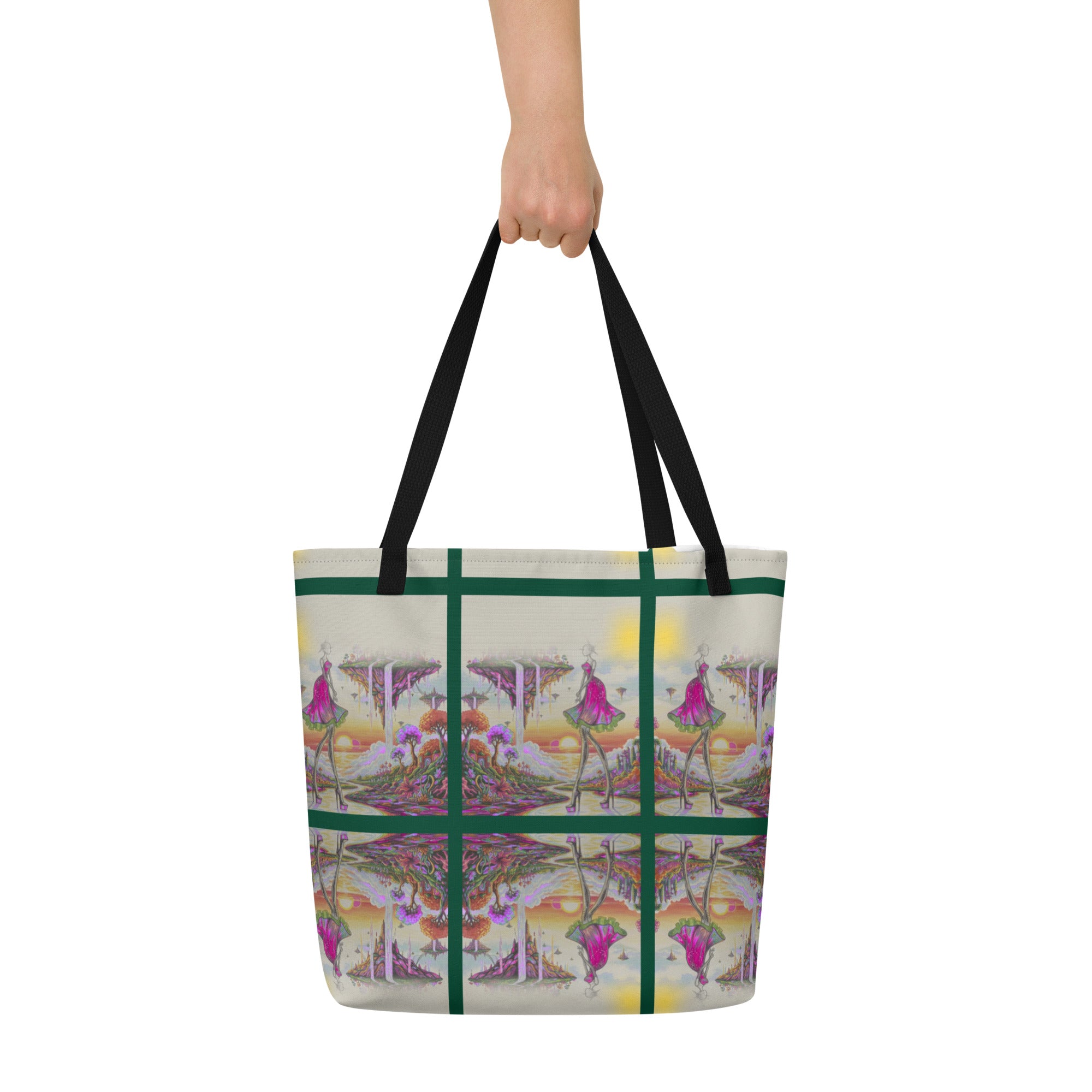 Apparelhue floating island art tote bag with vibrant sunset and dual suns detail.