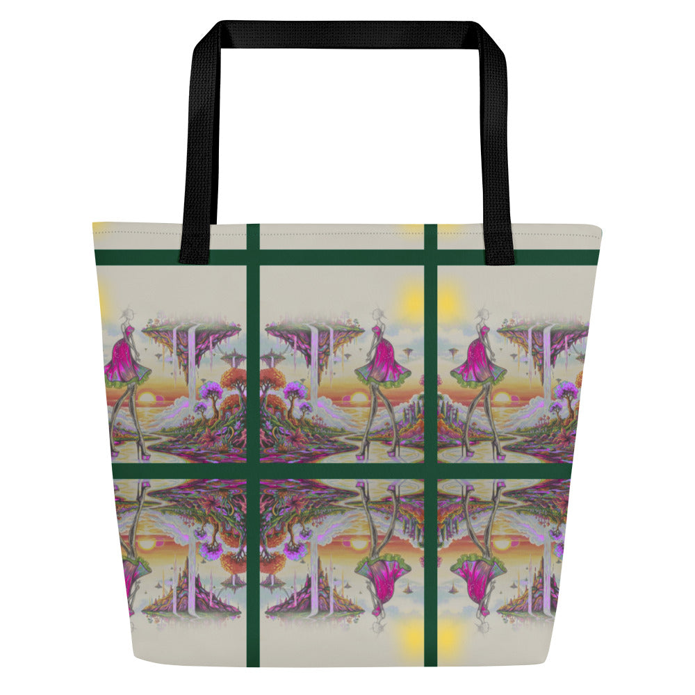 Artistic weekender bag showing a dreamscape horizon with floating mountains and clouds.