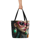 Interior view of a large urban art tote bag showing the functional inner storage pocket.