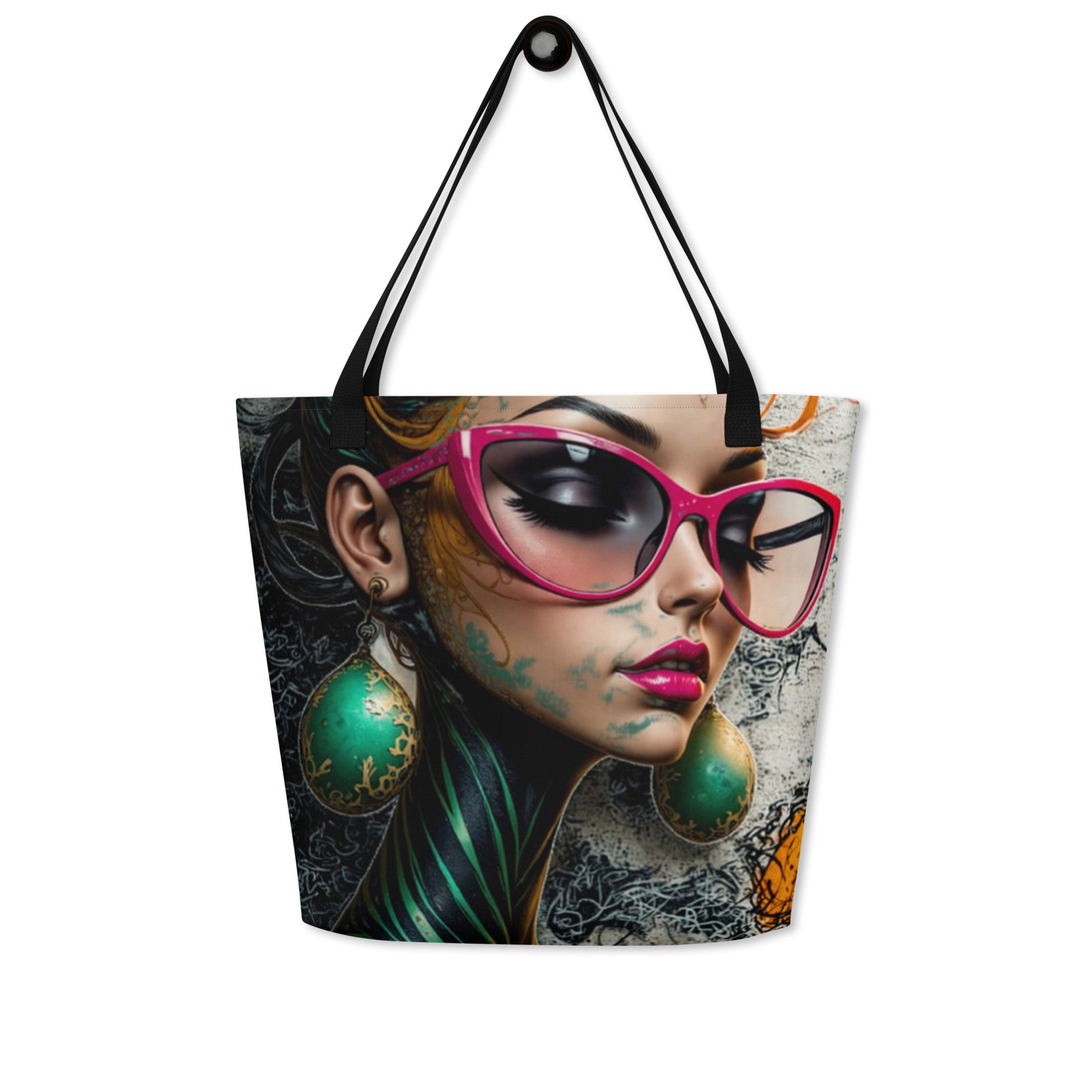 Apparelhue large tote bag featuring a vibrant abstract portrait of a woman with pink cat-eye glasses.