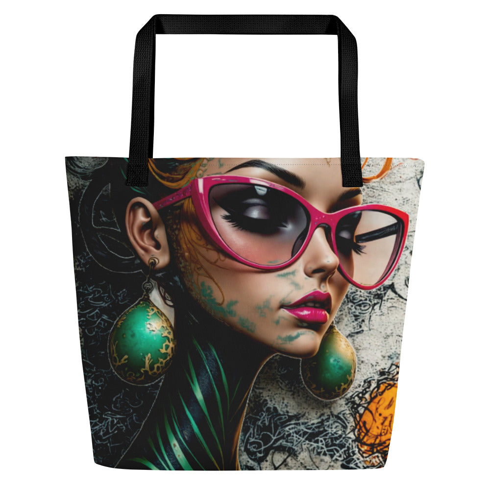 Durable $16 \times 20$ inch canvas tote bag with an all-over abstract face graphic and black handles.