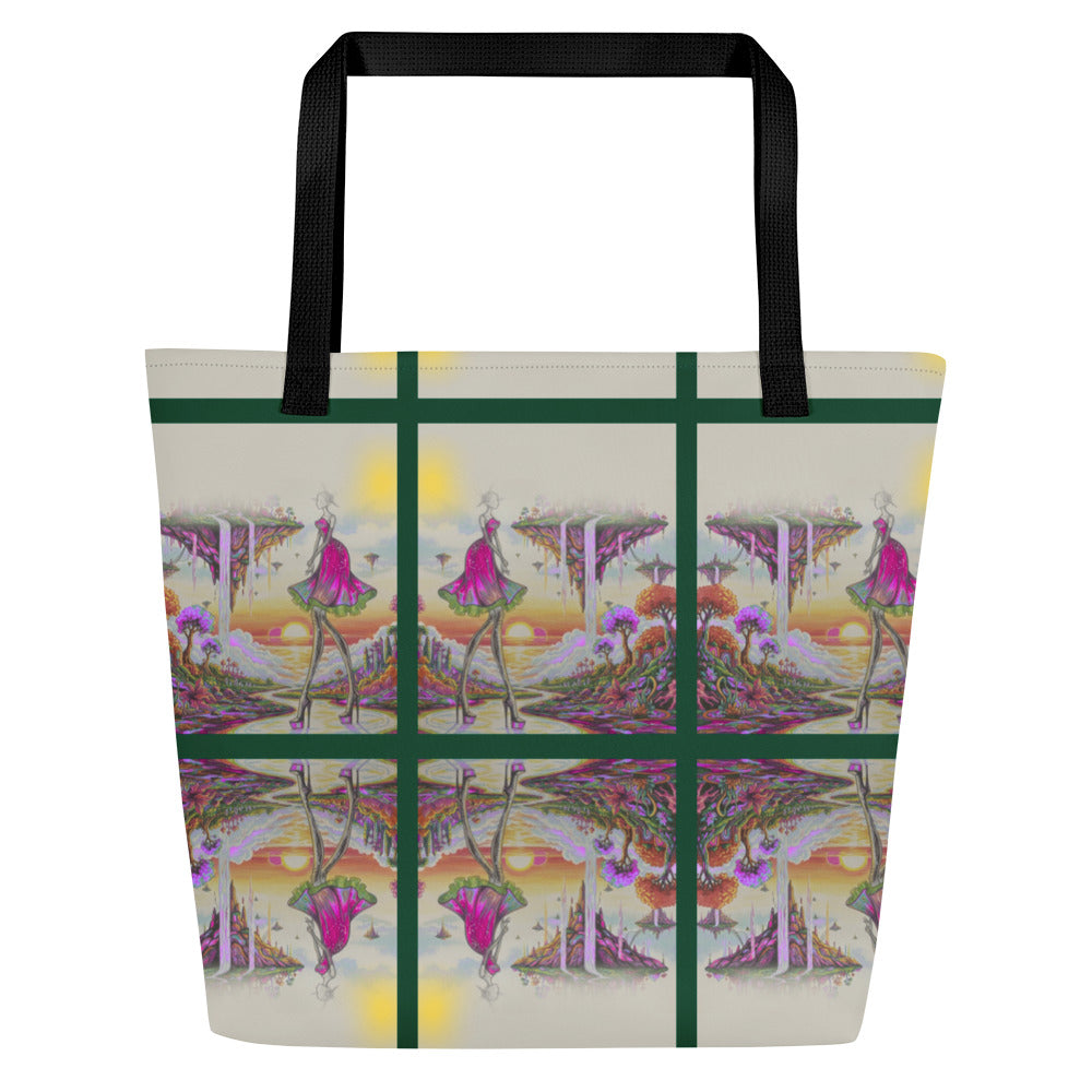 Large 16x20 inch artistic tote bag showing an elegant figure walking through a celestial landscape.