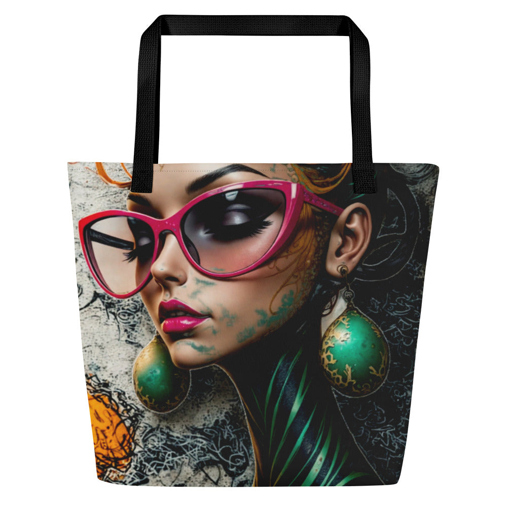 Large tote bag featuring a vibrant abstract portrait of a woman with pink glasses and green earrings.