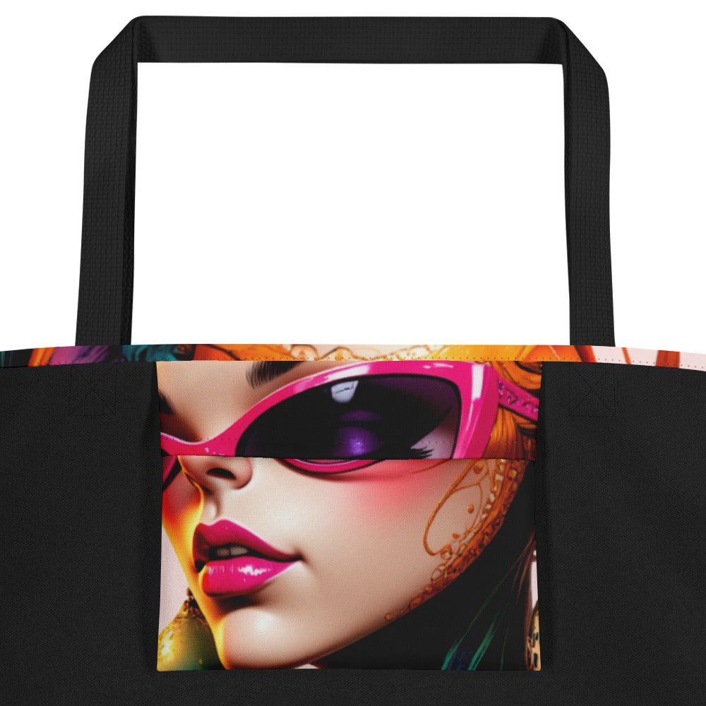 Trendy aesthetic tote bag shoulder view.
Wearable art shopper bag.
Creative fashion tote bag