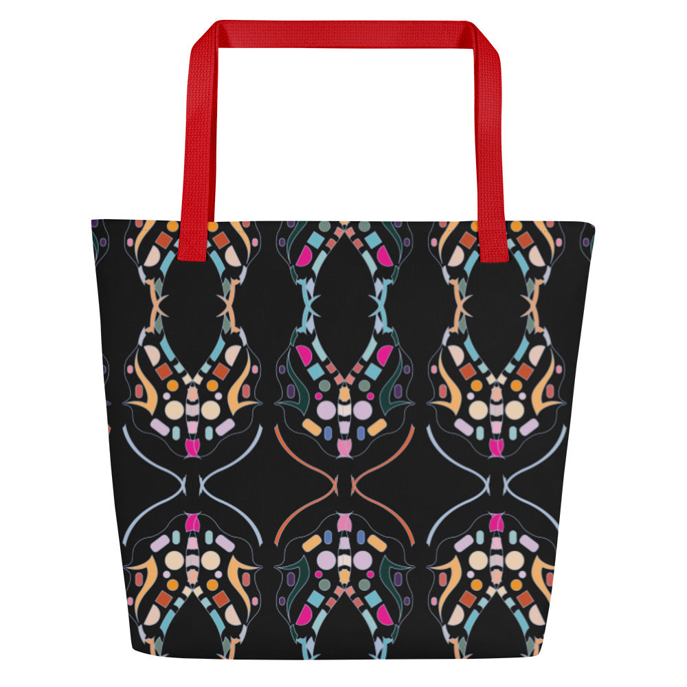 Large tote bag resting by a chair with colorful design visible