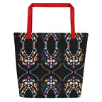 Large tote bag resting by a chair with colorful design visible