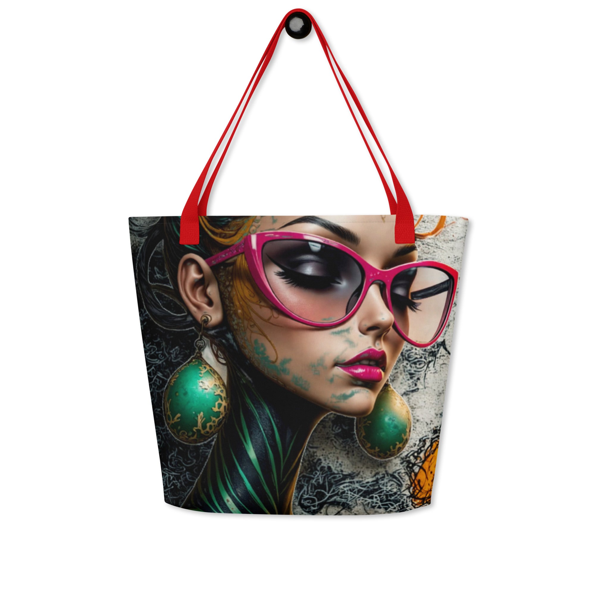 $16 \times 20$ inch designer tote bag with black handles and an all-over abstract graphic print.