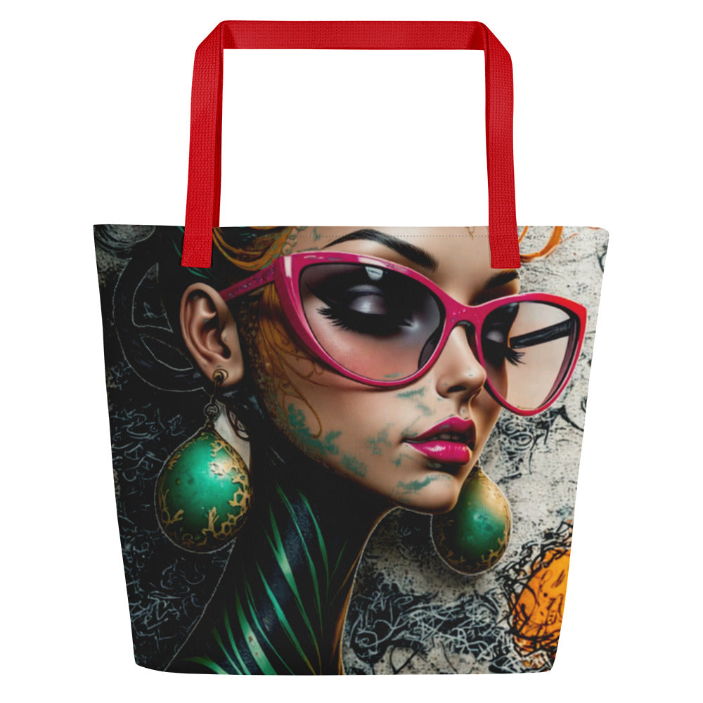High-contrast urban art tote bag with colourful pops of yellow, pink, and emerald green.
