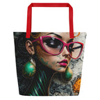 High-contrast urban art tote bag with colourful pops of yellow, pink, and emerald green.