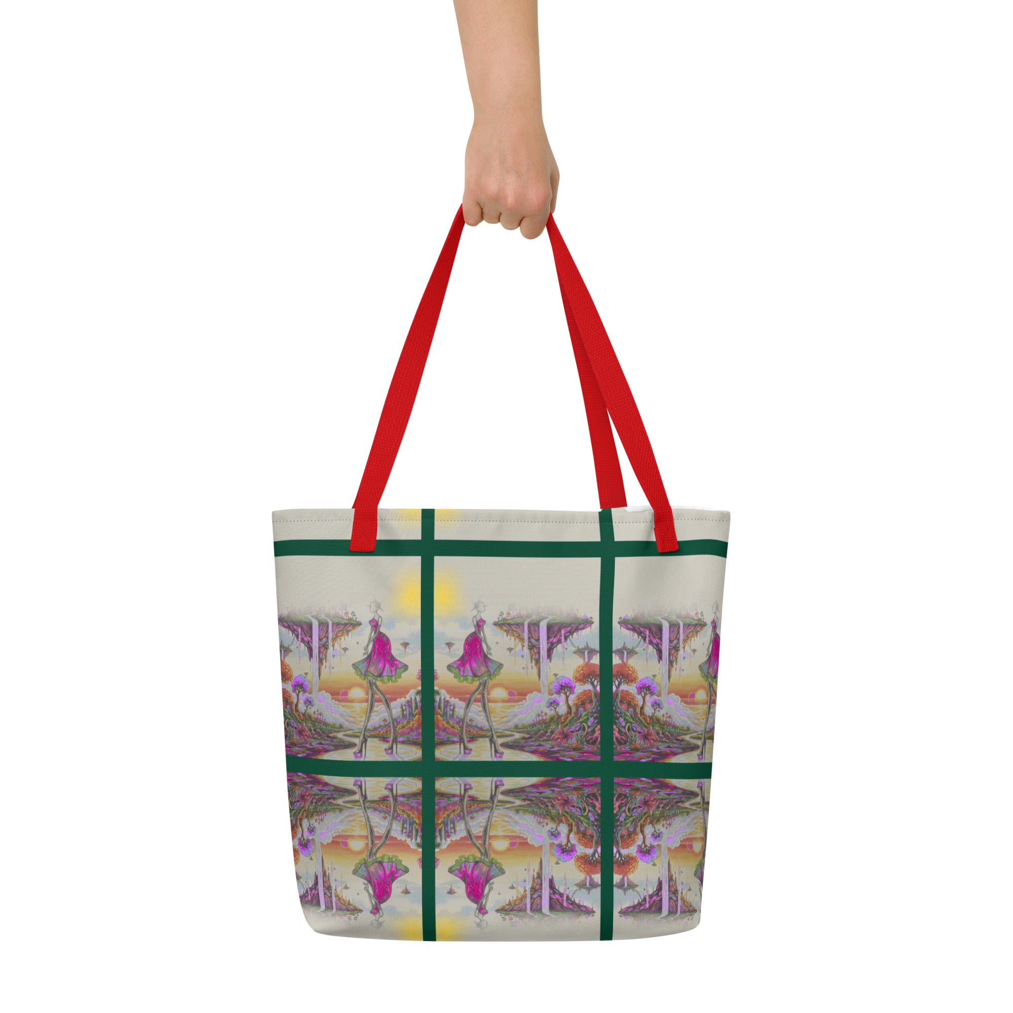 Surrealist landscape tote bag with colourful trees and cascading waterfalls on a premium canvas.