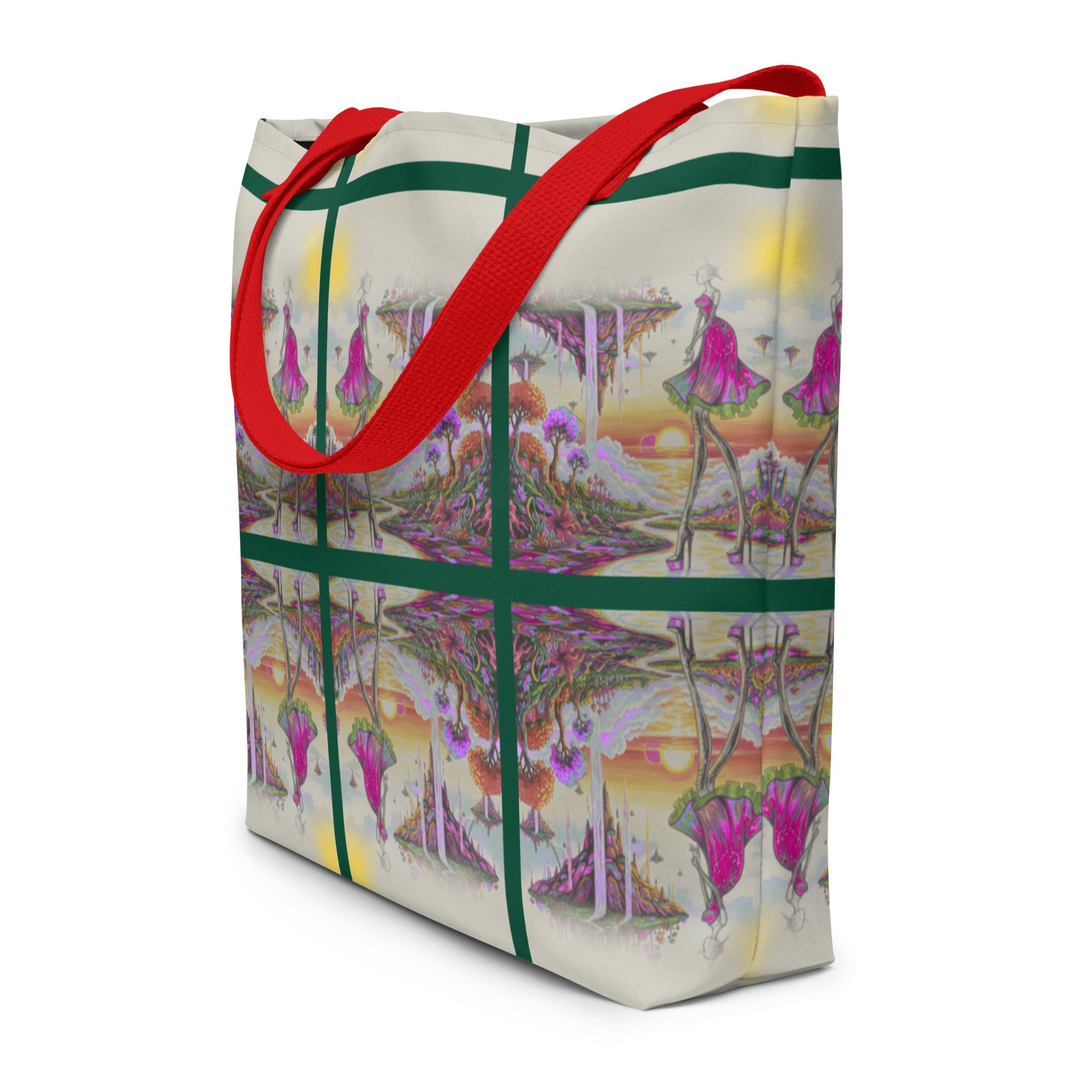 Apparelhue branded oversized shopping bag with intricate pencil-style fantasy artwork.