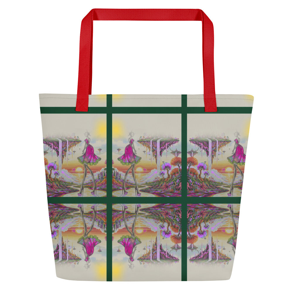 Apparelhue oversized tote bag featuring surrealist fashion illustration with floating islands and waterfalls.
