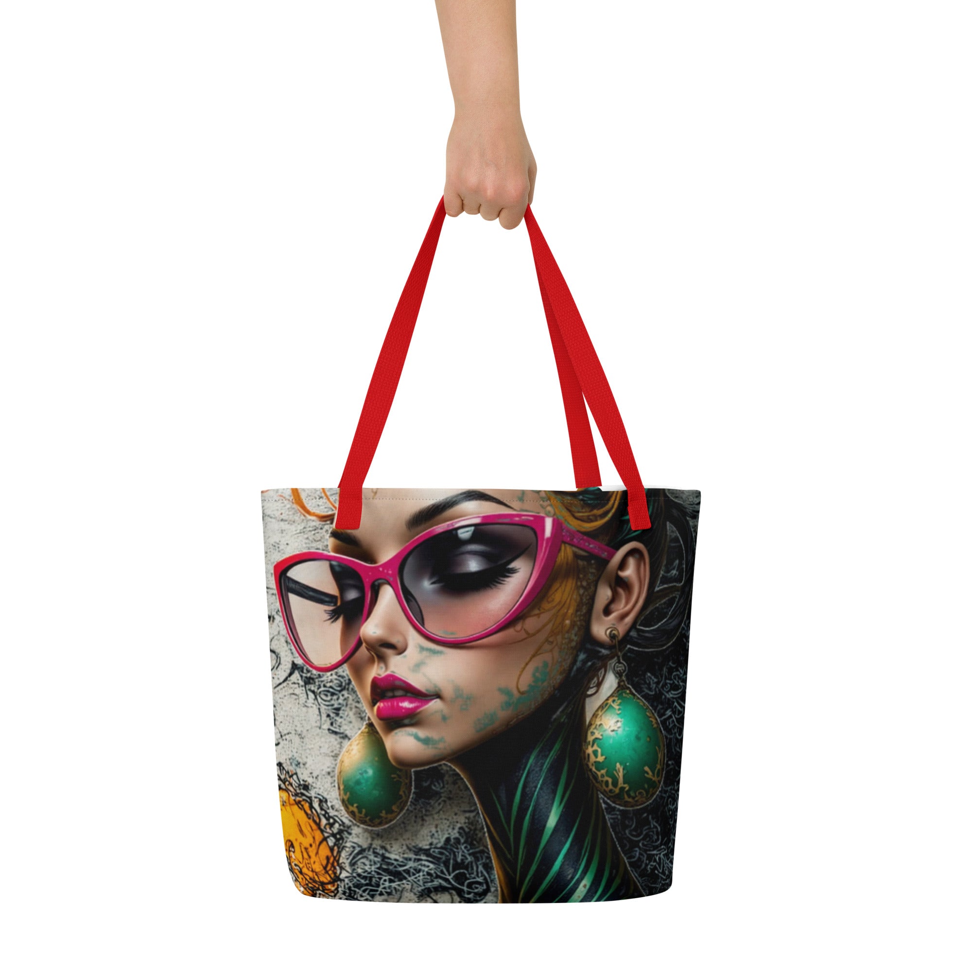 Close-up of a premium urban carryall with a geometric art print and green drop earring detail.