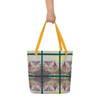 High-fashion sketch on a large carryall bag featuring a tall model in a galaxy-print dress.
