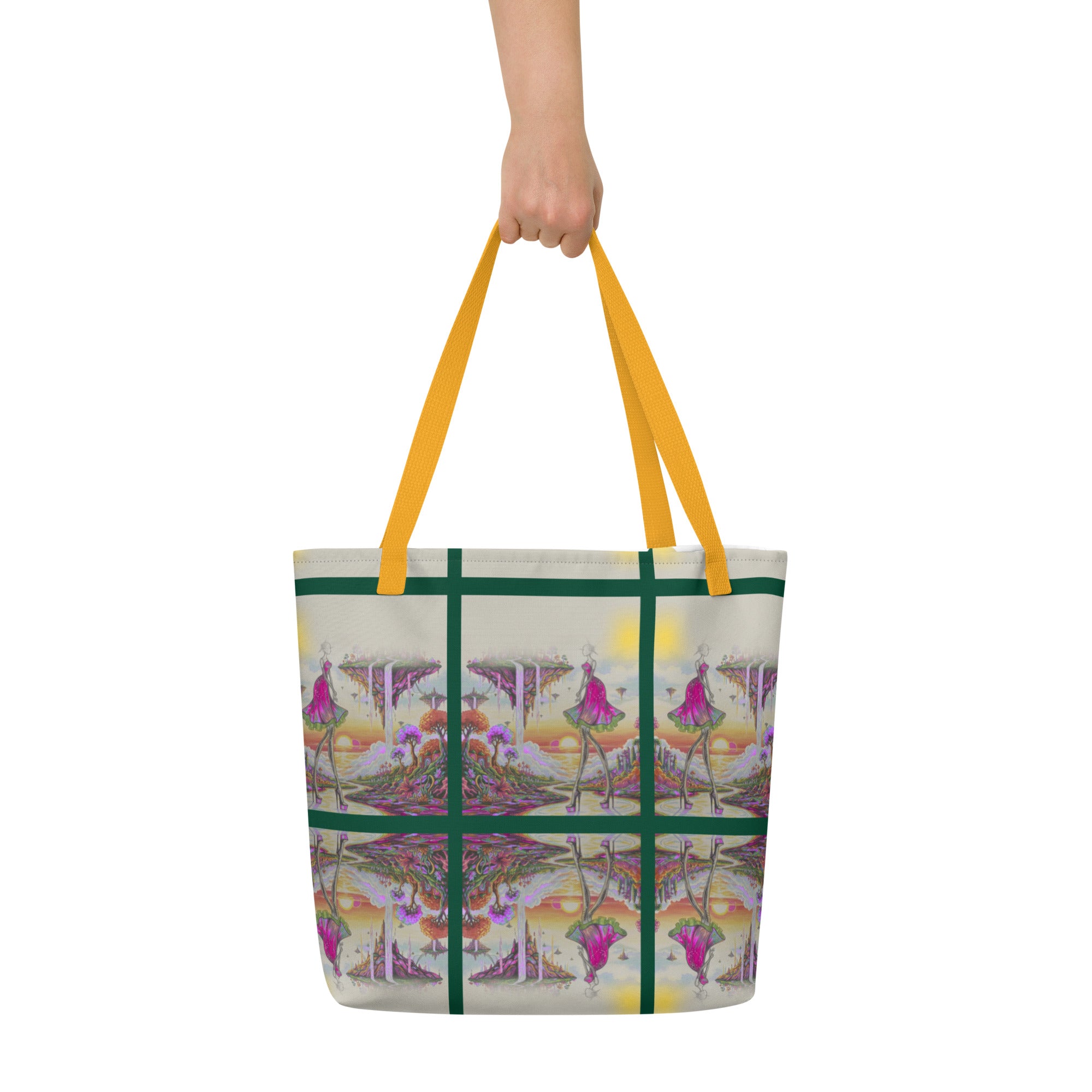 High-fashion sketch on a large carryall bag featuring a tall model in a galaxy-print dress.