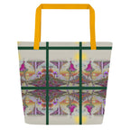 Ethereal fashion art tote bag with a multicoloured layered skirt and platform heels design.