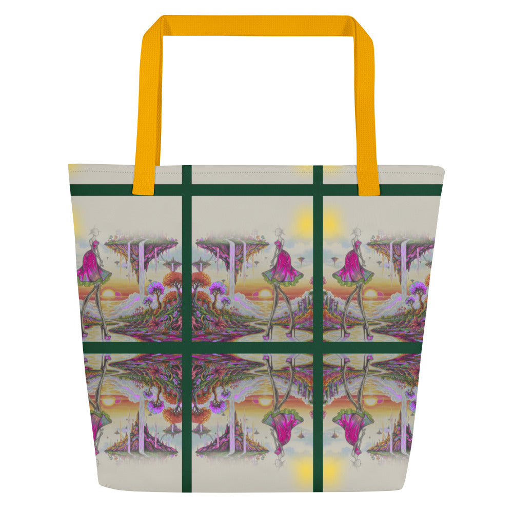 Ethereal fashion art tote bag with a multicoloured layered skirt and platform heels design.