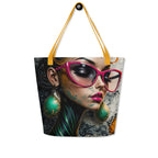 Stylish woman carrying a colourful geometric abstract art tote bag for a modern streetwear look.