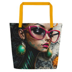 Large designer carryall bag for women featuring contemporary abstract art and reinforced black straps.
