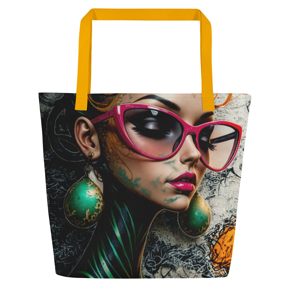 Large designer carryall bag for women featuring contemporary abstract art and reinforced black straps.