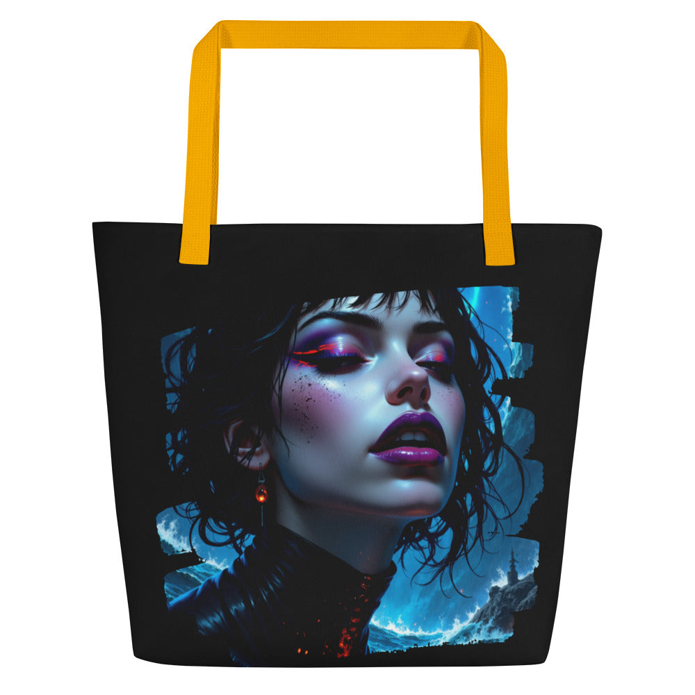 Model carrying an oversized graphic tote bag over the shoulder.