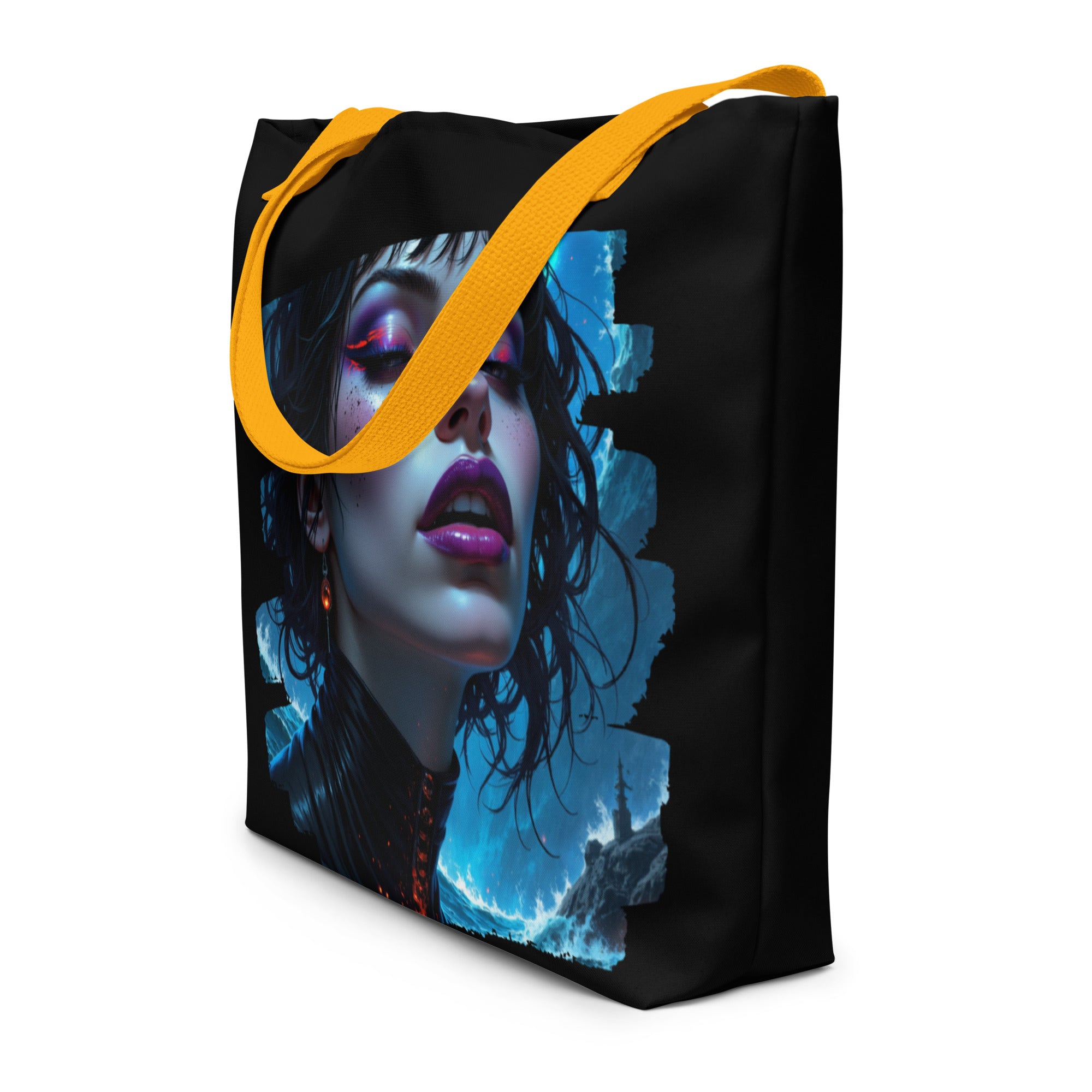 Large artistic tote bag filled with a laptop, notebooks, and a water bottle.
