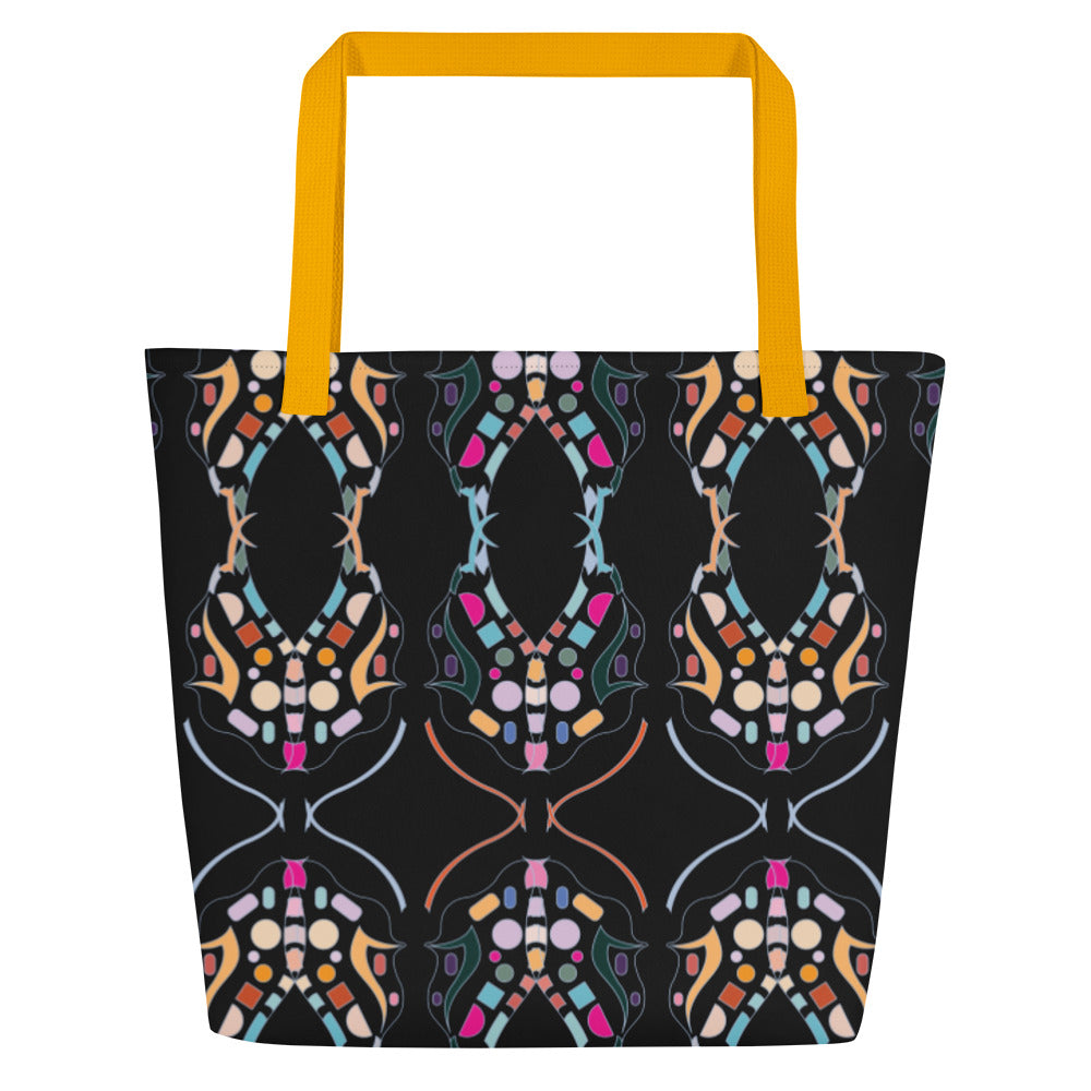 All-over-print large tote bag with colorful abstract design front view