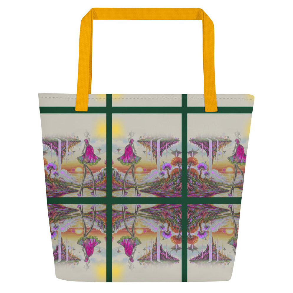 Surreal fantasy world illustration on a durable large-capacity shoulder bag by Apparelhue.