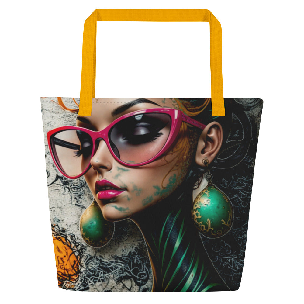 Stylish streetwear accessory featuring a modern feminine portrait in a bold geometric art style.