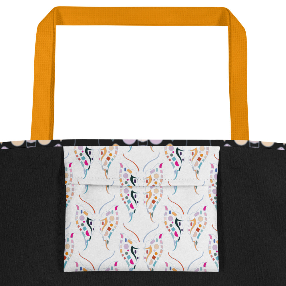 Close-up of vibrant graphic pattern on large tote bag fabric