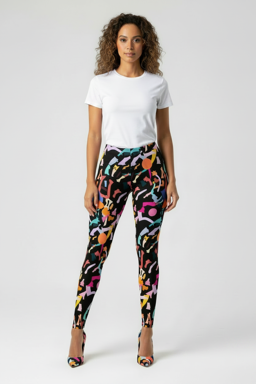 Woman wearing colorful patterned leggings and a white t-shirt on a white background