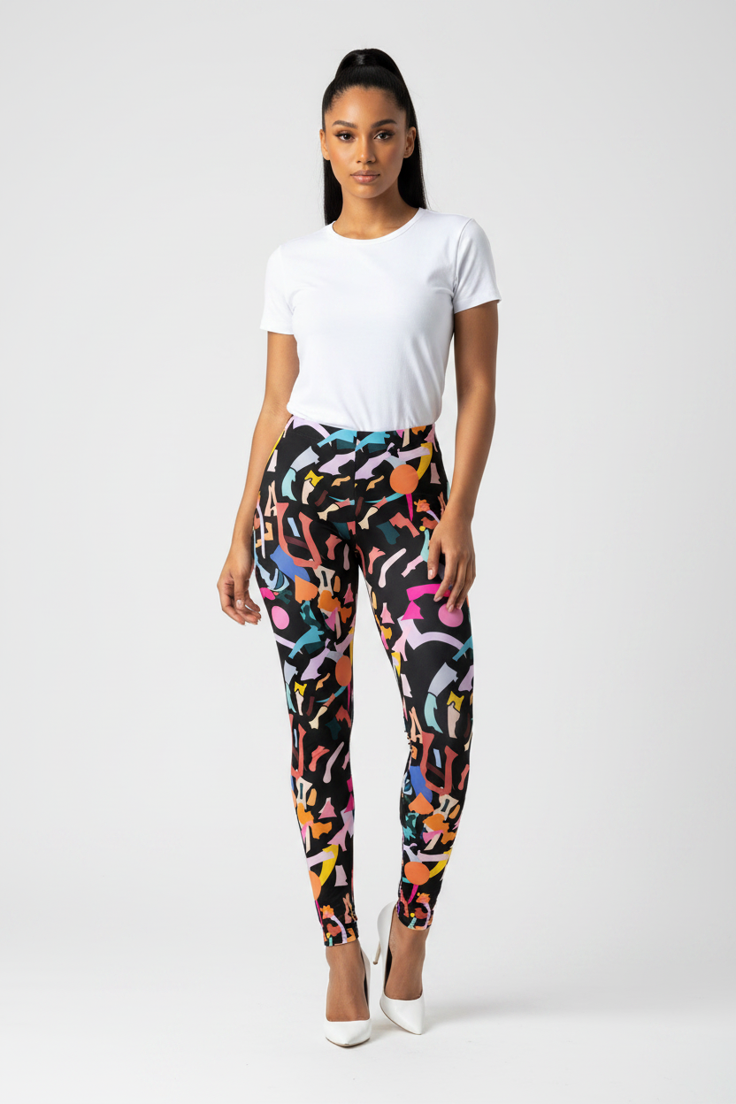 Woman wearing colorful patterned leggings and a white t-shirt on a white background