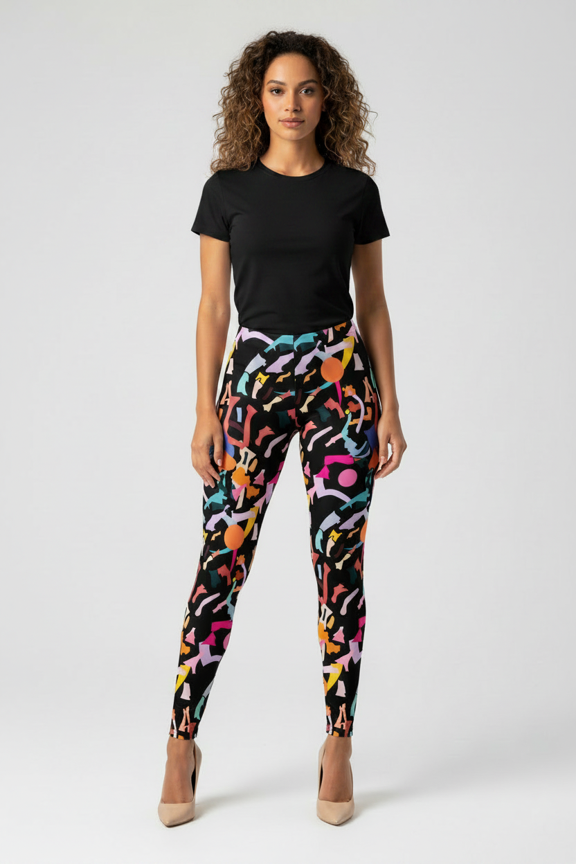 Woman wearing black t-shirt and colorful patterned leggings on a white background