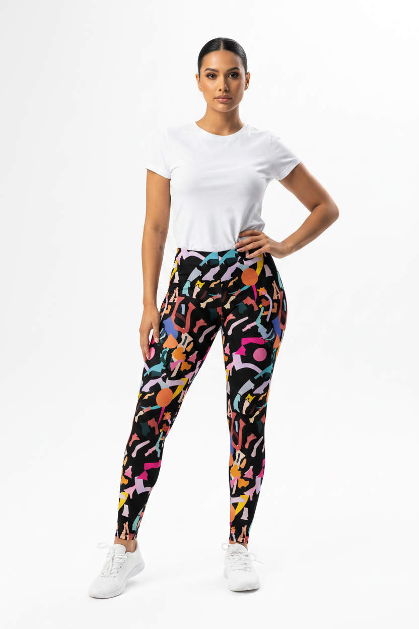Woman wearing a white t-shirt and colorful patterned leggings on a white background