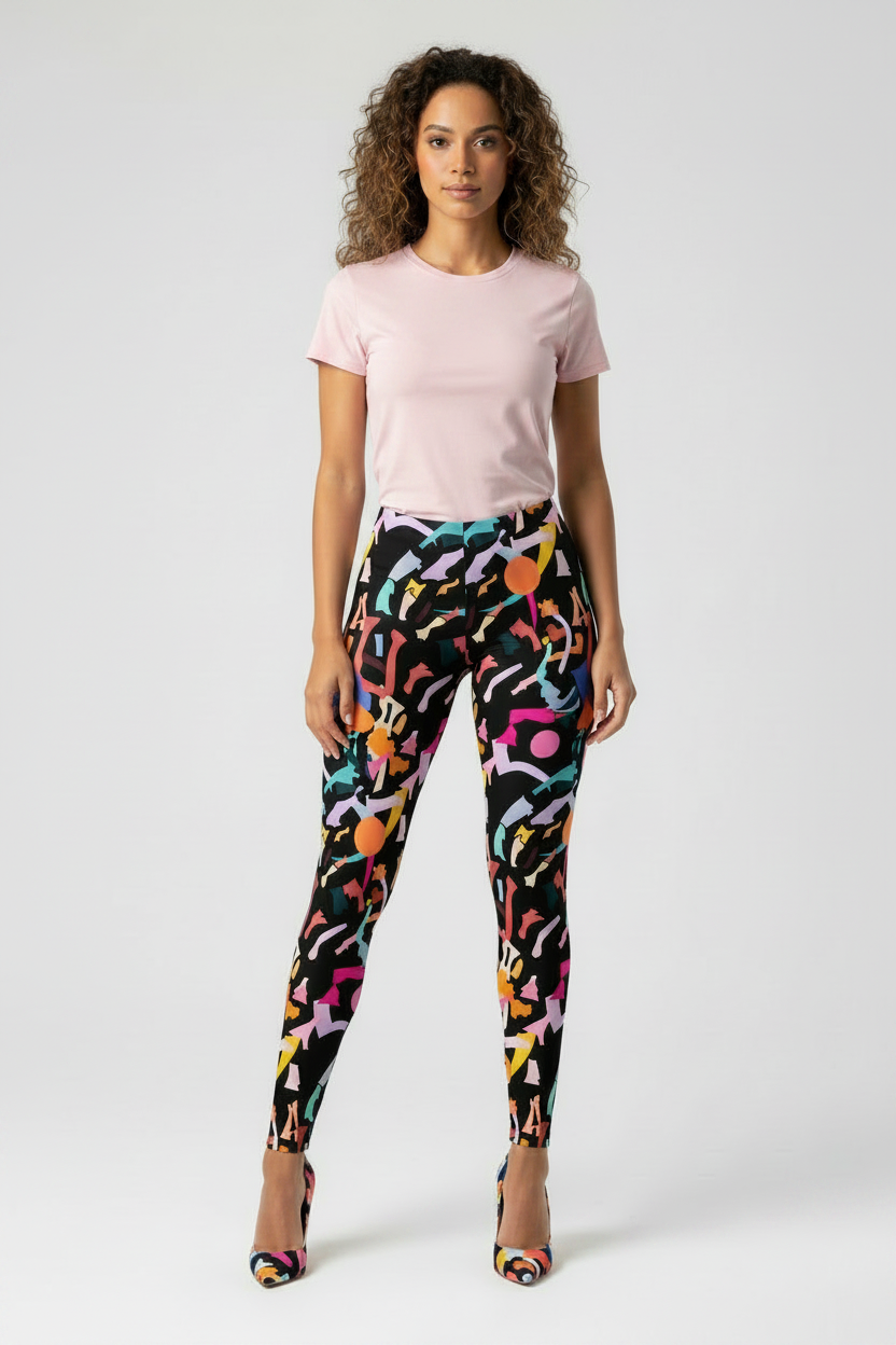 Woman wearing colorful patterned leggings and a pink t-shirt on a white background