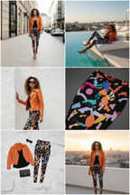 A six-panel collage showcasing a women's fashion outfit consisting of a bright orange jacket, black top, and multicolor abstract print pants, shown in various lifestyle settings (street, poolside, flat-lay, and on a rooftop).