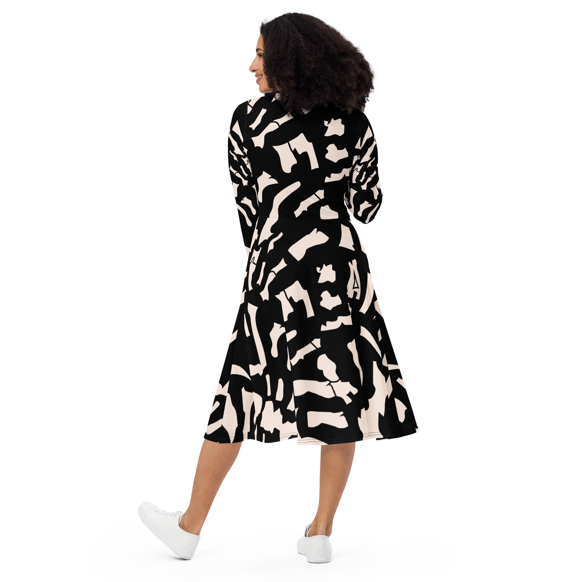 Black Printed Dress Popular All-Over Print Long Sleeve Midi Dress - Apparelhue