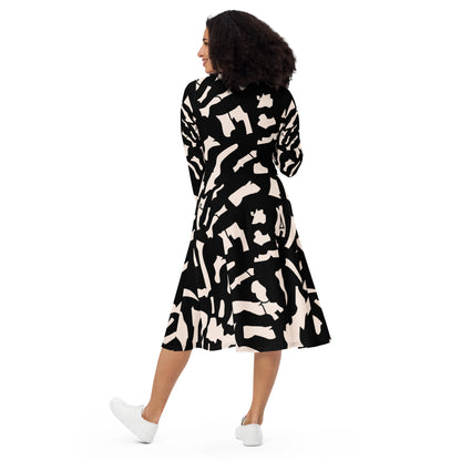 Black Printed Dress Popular All-Over Print Long Sleeve Midi Dress - Apparelhue