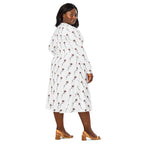 Woman wearing a white dress with red floral pattern on a white background