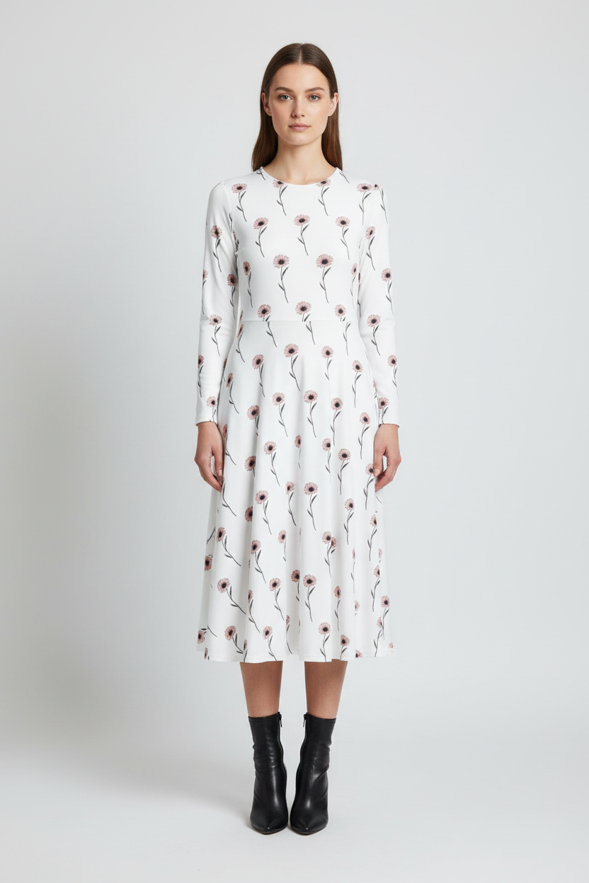 Woman wearing a white dress with floral pattern on a white background
