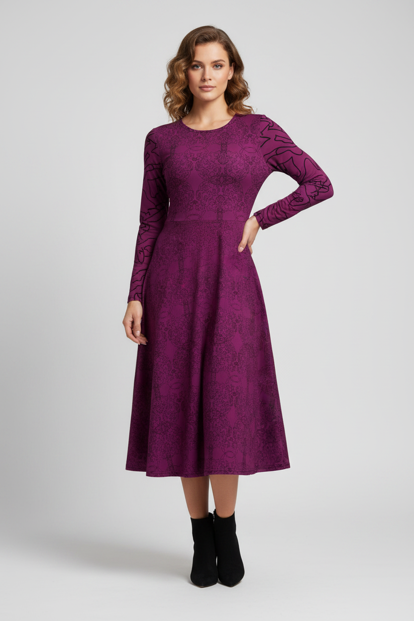 Woman wearing a purple dress with long sleeves on a white background
