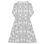Elegant white long-sleeved midi dress with a detailed grey damask-style print by APPARELHUE.